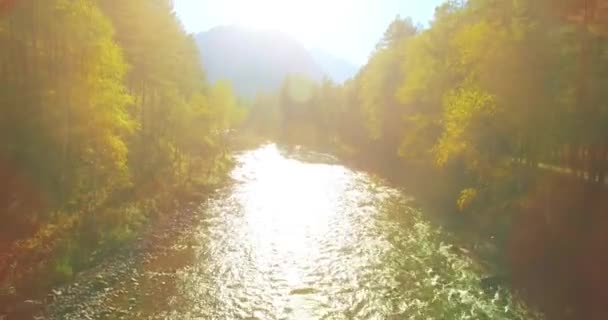 Vuelo de baja altitud sobre el río fresco de montaña rápida con rocas en la soleada mañana de verano. — Vídeo de stock