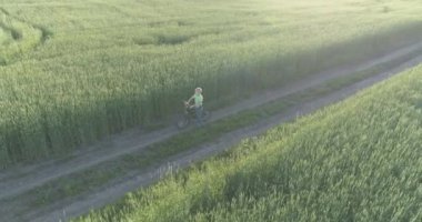 Kırsal yoldaki bir çim tarlasında bisiklet süren genç bir çocuğun hava manzarası. Güneş ışığı ve ışınlar.