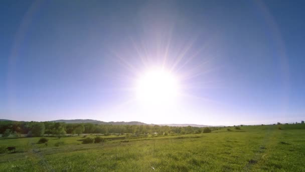 4K UHD górska łąka timelapse w lecie. Chmury, drzewa, zielona trawa i promieniowanie słoneczne. — Wideo stockowe