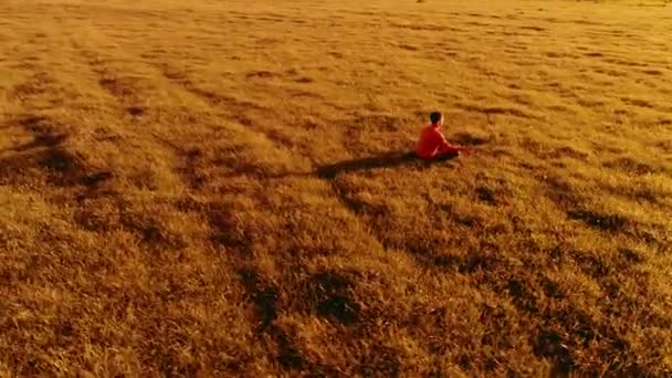 Lage hoogte radiale vlucht over sport yoga man op perfect groen gras. Zonsondergang in de bergen. — Stockvideo