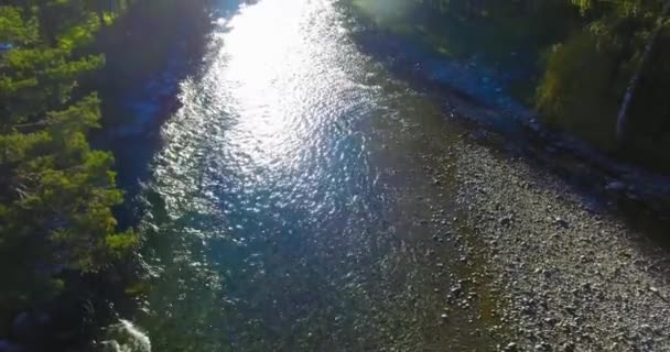 Vol à basse altitude au-dessus d'une rivière de montagne fraîche et rapide avec des rochers au soleil matin d'été. — Video