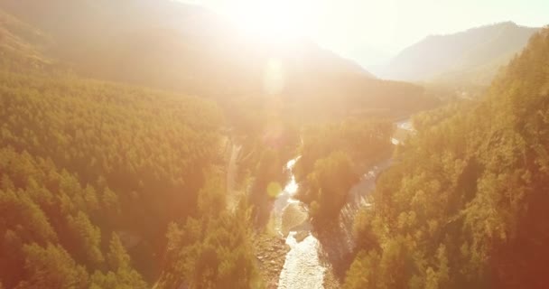 Alacsony tengerszint feletti magasságban repülés friss gyors hegyi folyó sziklák a napos nyári reggelen. — Stock videók