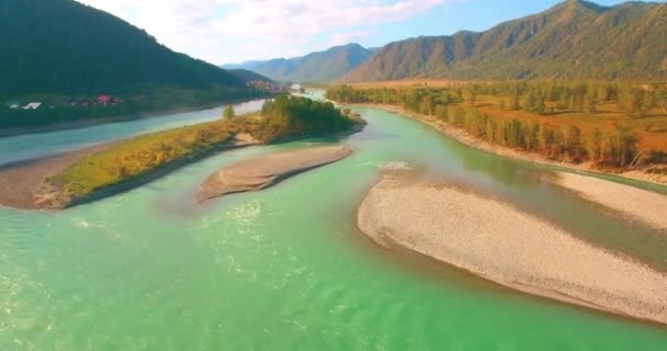 Laaggelegen vlucht over verse snelle bergrivier met rotsen op zonnige zomerochtend. — Stockvideo