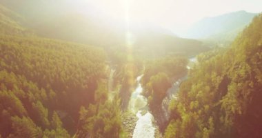 Güneşli yaz sabahında taze dağ nehri ve çayır üzerinde uçuşun ortasında. Aşağıdaki kırsal toprak yol.