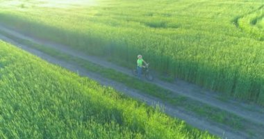 Kırsal yoldaki bir çim tarlasında bisiklet süren genç bir çocuğun hava manzarası. Güneş ışığı ve ışınlar.