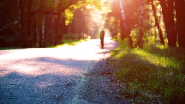 스포츠 선수가 아스팔트 도로에서 달리고 있습니다. 시골 도시 공원. 지평선에 있는 푸른 나무 숲과 태양 광선. — 비디오