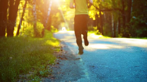 Homem do desporto a correr na estrada de asfalto. Parque rural da cidade. Floresta de árvore verde e raios de sol no horizonte. — Vídeo de Stock