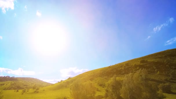 4K UHD mountain meadow timelapse at the summer. Clouds, trees, green grass and sun rays movement. — Stock Video