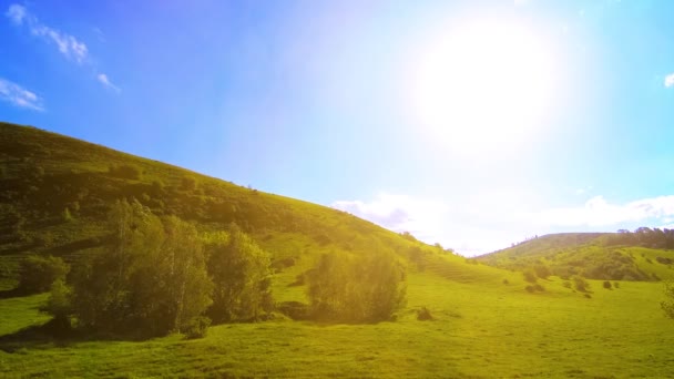 4K UHD mountain meadow timelapse at the summer. Clouds, trees, green grass and sun rays movement. — Stock Video