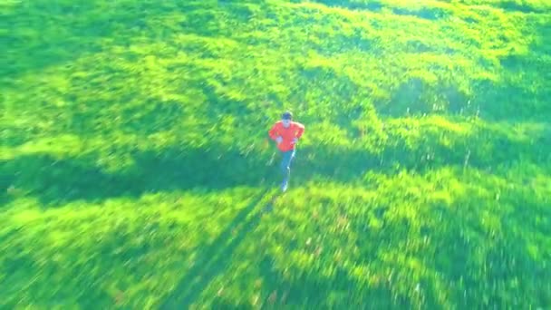 Vuelo sobre el hombre deportivo corriendo en la hierba verde perfecta pradera rural offroad. Puesta de sol en montaña — Vídeo de stock