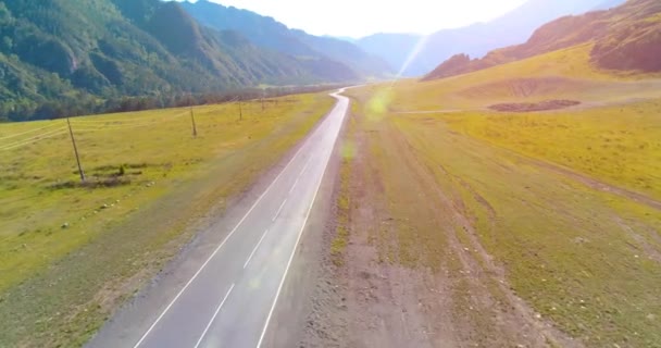 Vuelo sobre carretera asfaltada montaña carretera y prado — Vídeo de stock