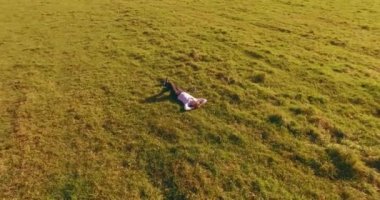 Yeşil çimlerin üzerinde sarı kırsal alanda not defteri olan bir adamın etrafında alçak yörünge uçuşları..