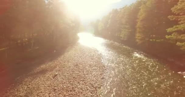 Tiefflug über frischen schnellen Gebirgsfluss mit Felsen an sonnigem Sommermorgen. — Stockvideo