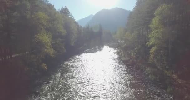 Låg höjd flygning över färska snabba berg flod med stenar på solig sommarmorgon. — Stockvideo