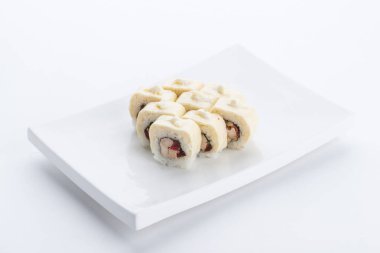 Japanese food restaurant, sushi maki gunkan roll plate or platter set. Sushi set and composition clipart