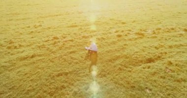 UHD 4k havadan görünümü. Defter pad ile yeşil çim sahasında oturan işadamı üzerinde düşük yörünge uçuş