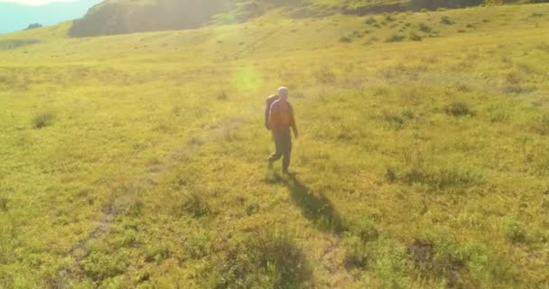 Sırt çantasıyla gezen turist yeşil dağ tarlasında yürüyor. Yaz günü büyük kırsal vadi. — Stok video