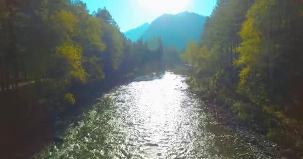 Vuelo de baja altitud sobre el río fresco de montaña rápida con rocas en la soleada mañana de verano. — Vídeo de stock