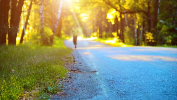 스포츠 선수가 아스팔트 도로에서 달리고 있습니다. 시골 도시 공원. 지평선에 있는 푸른 나무 숲과 태양 광선. — 비디오
