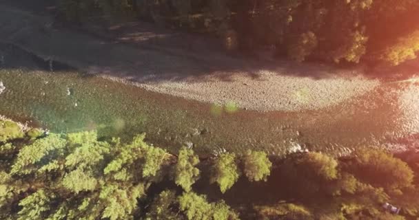 Vuelo en medio del aire sobre un río de montaña fresco y limpio en la soleada mañana de verano. Movimiento vertical — Vídeos de Stock