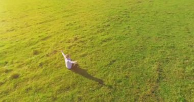 Yeşil çimlerin üzerinde sarı kırsal alanda not defteri olan bir adamın etrafında alçak yörünge uçuşları..