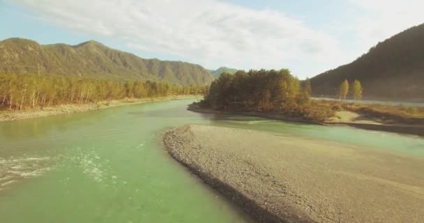 Vista aérea 4k UHD. Vuelo bajo sobre el río fresco de montaña fría en la soleada mañana de verano. Árboles verdes y rayos de sol en horisont — Vídeos de Stock