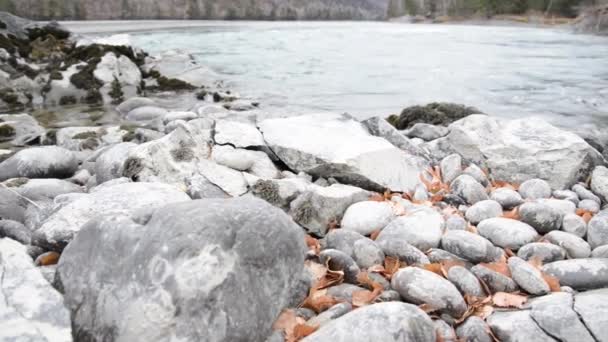 Dolly-Slider-Aufnahme des plätschernden Wassers in einem Gebirgsfluss in Waldnähe. Nasse Felsen und Sonnenstrahlen. Horizontale stetige Bewegung. — Stockvideo