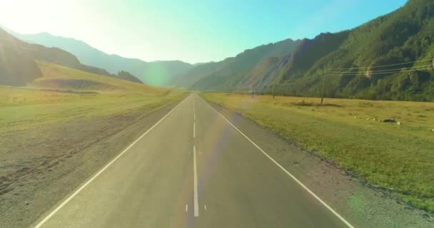 Lucht lage vlucht over bergweg en weide op zonnige zomerochtend. — Stockvideo