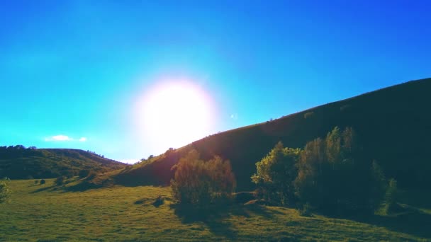 4K UHD prairie de montagne timelapse à l'été. Nuages, arbres, herbe verte et mouvement des rayons du soleil. — Video