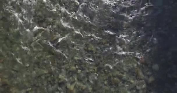 Vol à basse altitude au-dessus d'une rivière de montagne fraîche et rapide avec des rochers au soleil matin d'été.