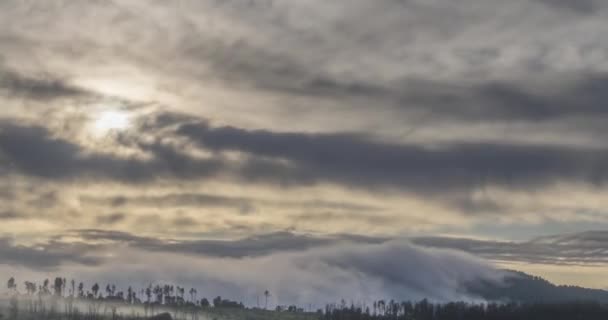 Timelapse des rayons du soleil du soir émergeant à travers les nuages brumeux froids dans les montagnes. Coucher de soleil dans le brouillard montagneux. — Video