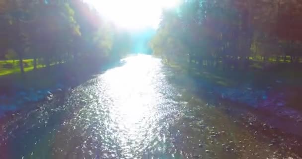 Vôo de ar médio sobre o rio de montanha fresco e limpo na manhã de verão ensolarada — Vídeo de Stock