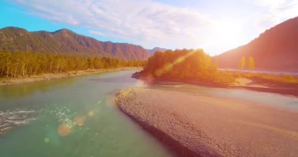 Vue aérienne 4k UHD. Vol bas au-dessus d'une rivière de montagne fraîche et froide au matin ensoleillé d'été. Arbres verts et rayons du soleil sur horisont — Video
