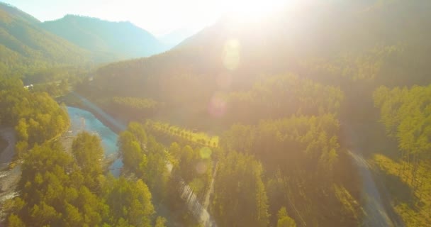 Vol à basse altitude au-dessus d'une rivière de montagne fraîche et rapide avec des rochers au soleil matin d'été. — Video