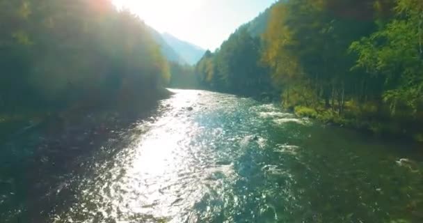 Vol à basse altitude au-dessus d'une rivière de montagne fraîche et rapide avec des rochers au soleil matin d'été. — Video