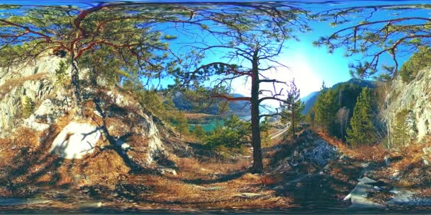 在秋季阳光明媚的时候, Vr 的山区景象。野生山脉, 松树和巨大的岩石. — 图库视频影像