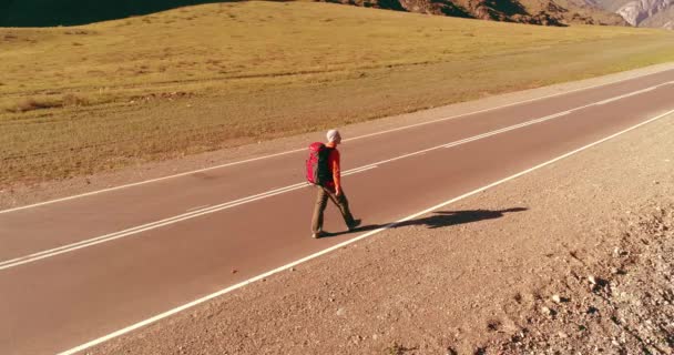 Vol au-dessus de l'auto-stoppeur touristique marchant sur la route asphaltée. Grande vallée rurale au jour d'été. Sac à dos randonneur gars. — Video