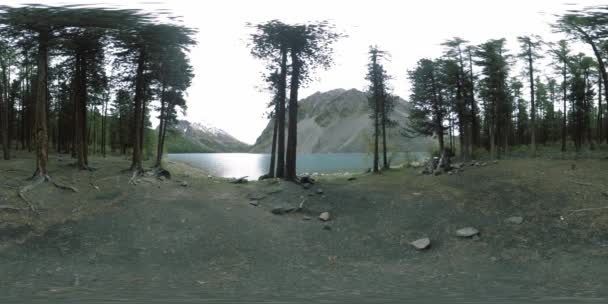 Lago de montaña 360 vr en el verano u otoño. Naturaleza salvaje y valle montañoso rural. Bosque verde de pinos y nubes rápidas en el cielo. — Vídeo de stock