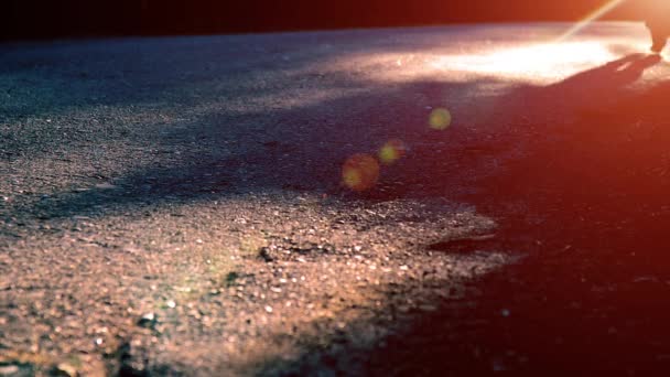 Sport man running at asphalt road. Rural city park. Green tree forest and sun rays on horizon. — Stock Video