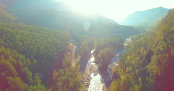 Volo a bassa quota sul fresco fiume di montagna veloce con rocce al soleggiato mattino d'estate. — Video Stock