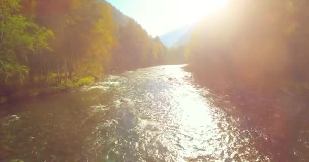 Vol à basse altitude au-dessus d'une rivière de montagne fraîche et rapide avec des rochers au soleil matin d'été. — Video