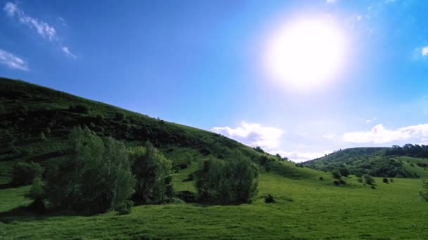 4K UHD fjälläng timelapse på sommaren. Moln, träd, grönt gräs och solstrålar rörelse. — Stockvideo