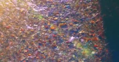 Güneşli yaz sabahında temiz ve taze bir dağ nehri üzerinde uçuşun ortasındayız. Üst görünüm ve yatay hareket