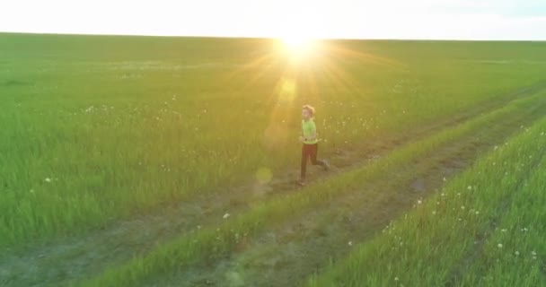 Il bambino sportivo corre attraverso un campo di grano verde. Esercizi serali di allenamento sportivo presso il prato rurale. Un'infanzia felice è uno stile di vita sano. Movimento radiale, raggi solari ed erba. — Video Stock