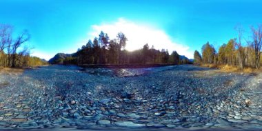Vahşi dağların, çam ormanlarının ve nehir akışlarının 360 VR sanal gerçekliği. Ulusal park, çayır ve güneş ışınları.