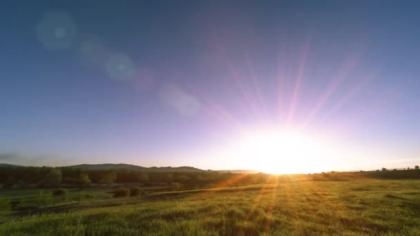 4K UHD prairie de montagne timelapse à l'été. Nuages, arbres, herbe verte et mouvement des rayons du soleil. — Video