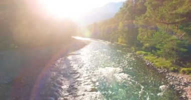 Güneşli yaz sabahında kayalarla birlikte taze, hızlı dağ nehri üzerinde alçak irtifa uçuşu..
