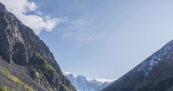 山湖时隔夏秋两季.野外和农村山区山谷。翠绿的松树林和阳光.照相机运动 — 图库视频影像