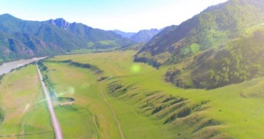 Güneşli yaz sabahında havadan kırsal dağ yolu ve çayır. Asfalt karayolu ve nehir.