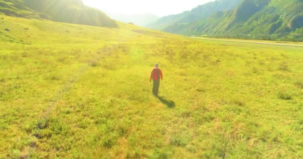 Flight over Backpack hiking tourist walking across green mountain field. Huge rural valley at summer day. — Stock Video